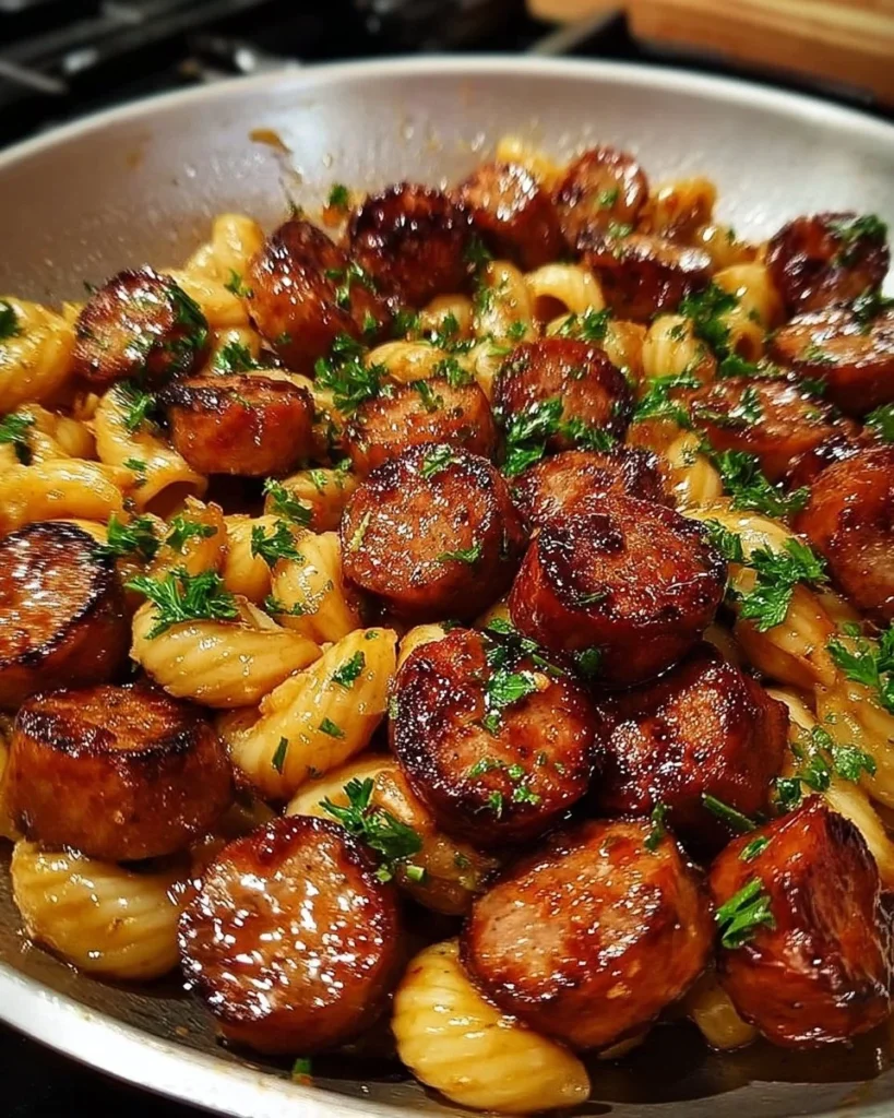 Sticky honey garlic sausage pasta skillet garnished with herbs