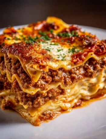 Delicious homemade lasagna with layers of meat sauce and cheese