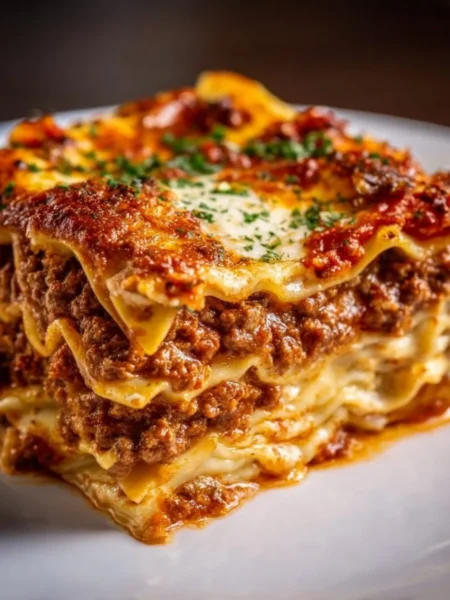 Delicious homemade lasagna with layers of meat sauce and cheese