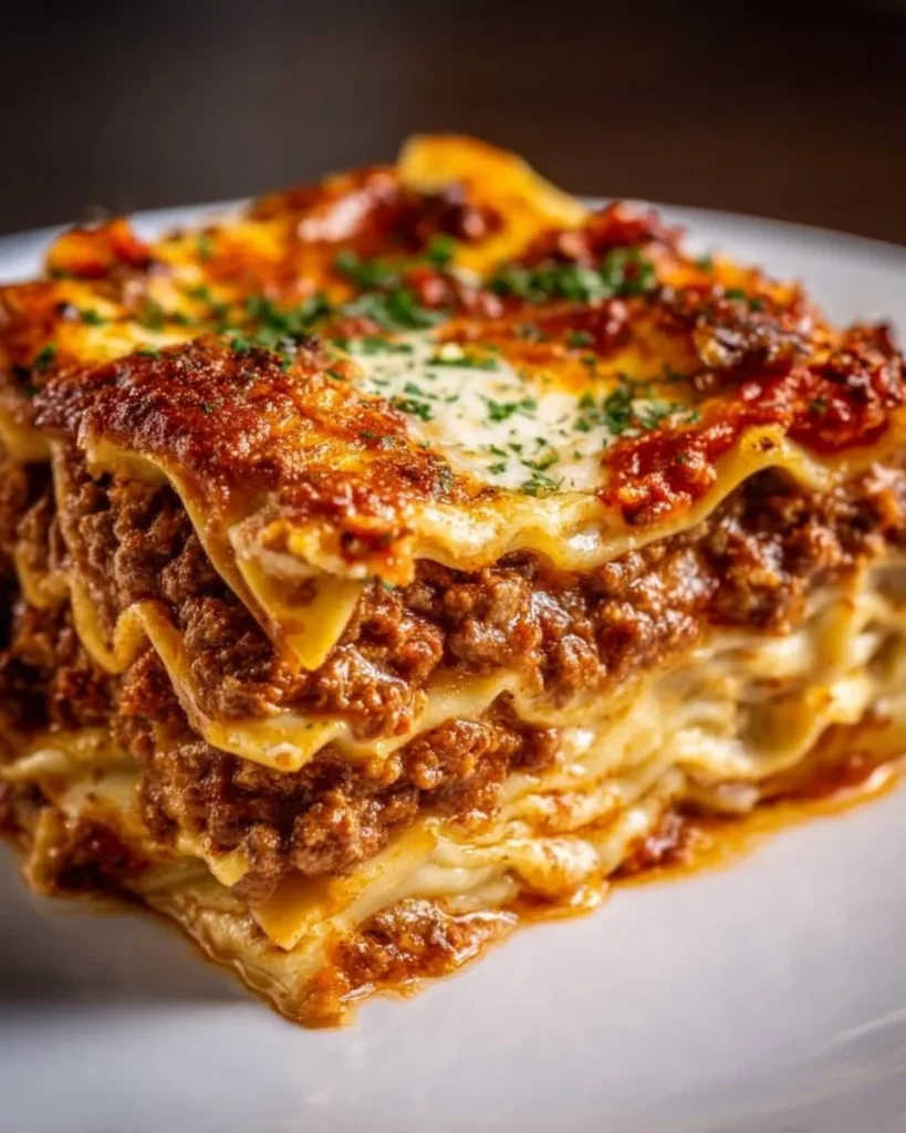 Delicious homemade lasagna with layers of meat sauce and cheese
