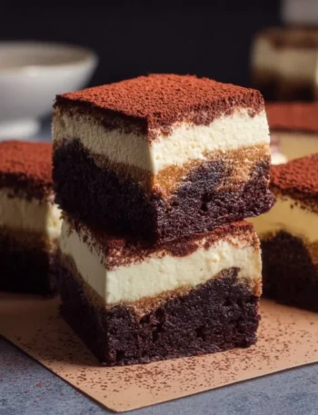 Delicious Tiramisu Brownies topped with cocoa and coffee flavors
