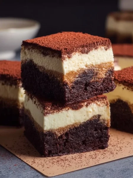 Delicious Tiramisu Brownies topped with cocoa and coffee flavors
