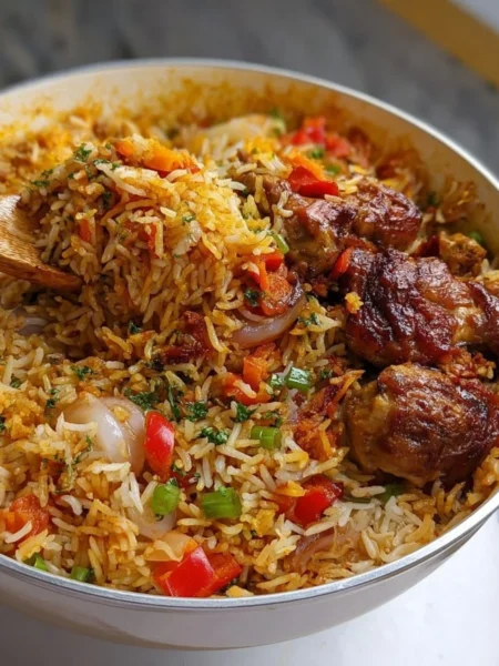 Delicious turkey combo rice served in a bowl with fresh herbs and spices.