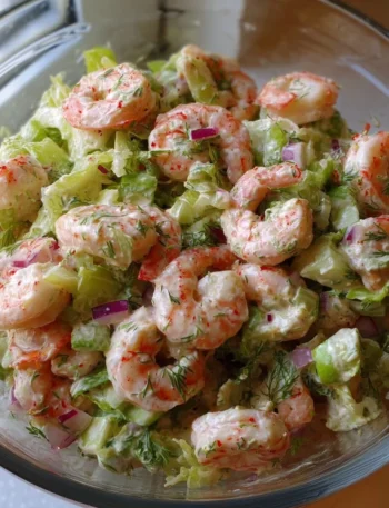 Delicious upgraded classic shrimp salad with fresh ingredients and vibrant colors.