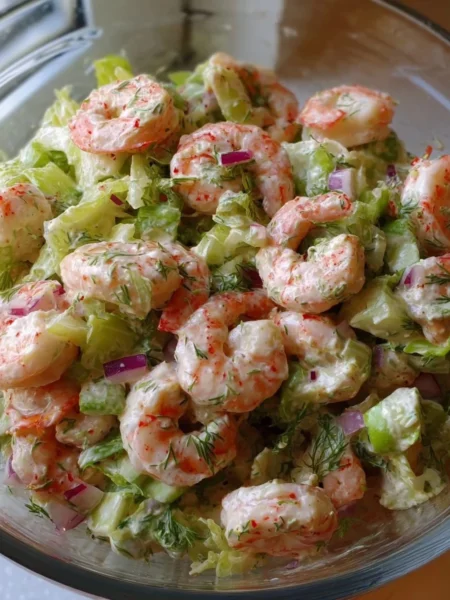Delicious upgraded classic shrimp salad with fresh ingredients and vibrant colors.
