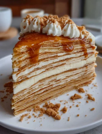 Vanilla & Speculoos crêpe cake with layered crêpes and creamy filling