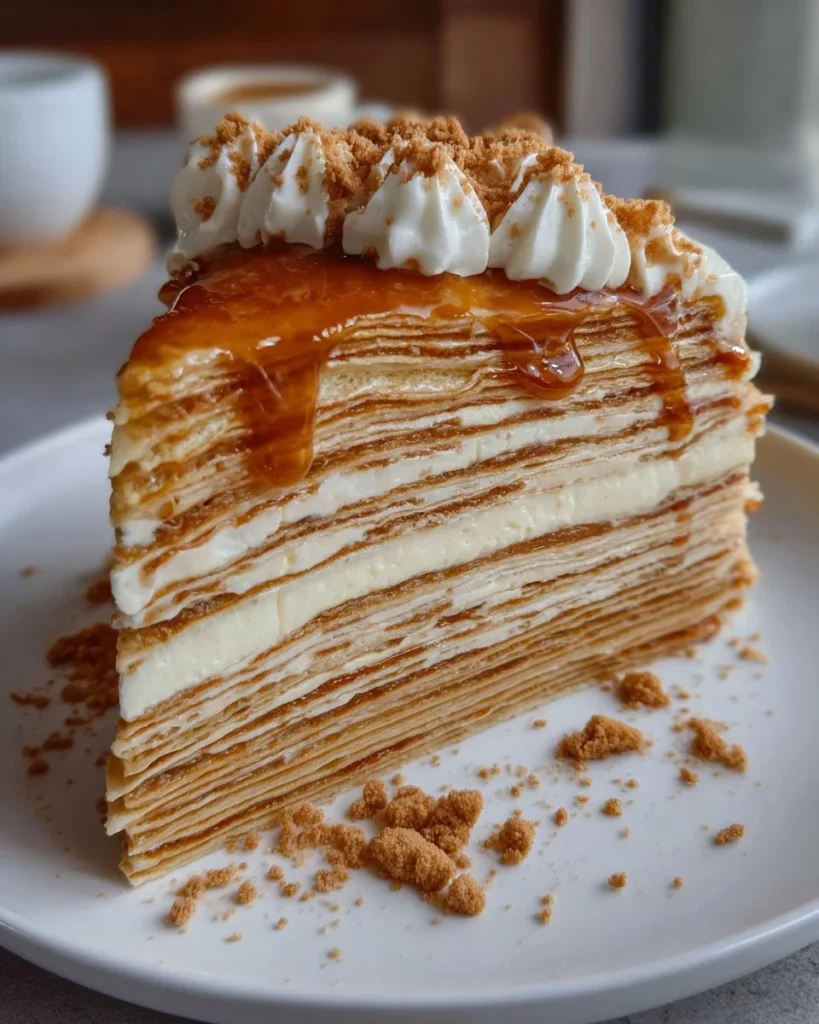 Vanilla & Speculoos crêpe cake with layered crêpes and creamy filling