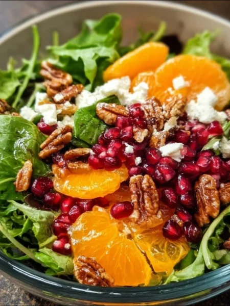 A vibrant winter salad featuring seasonal greens, nuts, and fruits.