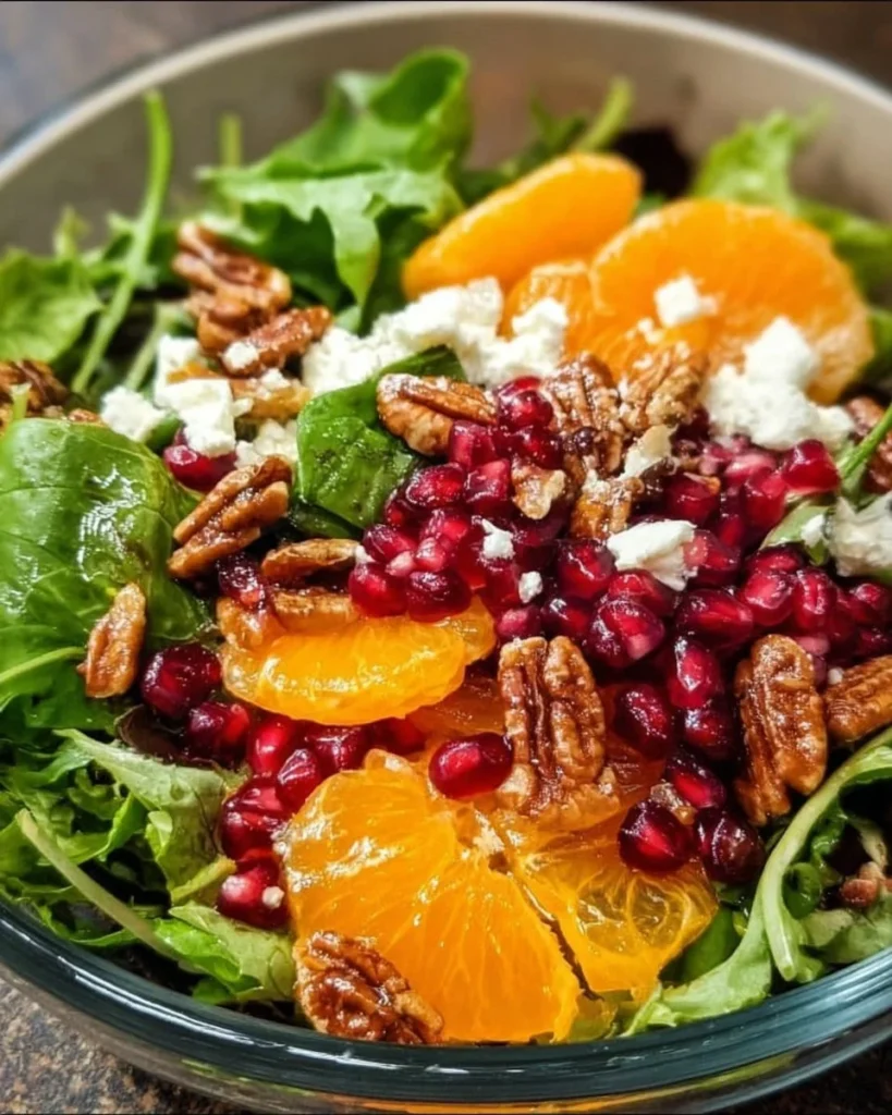 A vibrant winter salad featuring seasonal greens, nuts, and fruits.